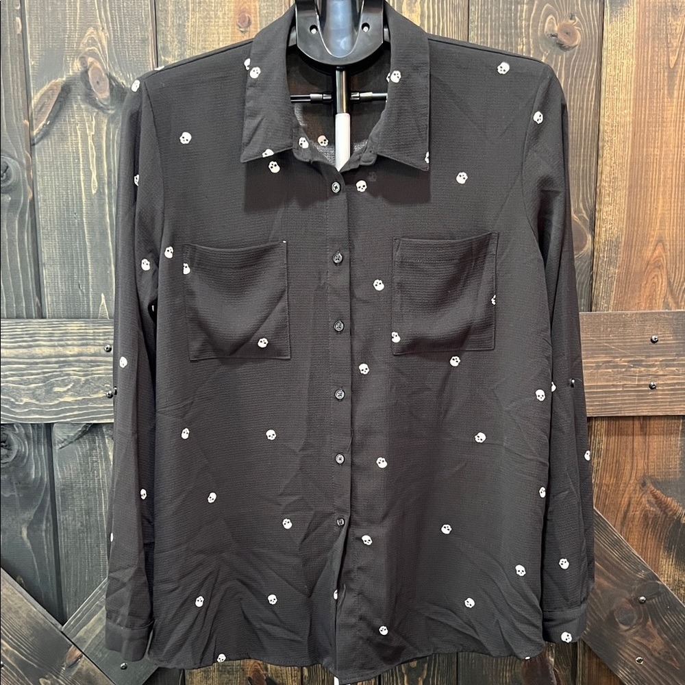 Olive & Oak Skull Graphic Button‎ Up Top XL Black Collared Pockets Grunge Goth